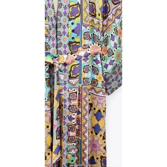 Zara Satin Effect Printed Belted Kimono Robe